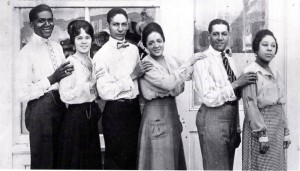 From left to right, "Common Sence" Ross, Albertine Pickins, Ferd "Jelly Roll" Morton, Ada "Bricktop" Smith, Eddie Rucker, Mabel Watts.